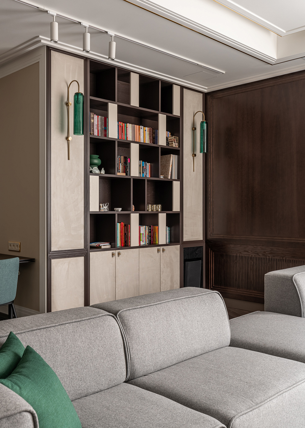 Гостиная с тв-зоной и шкафом для книг