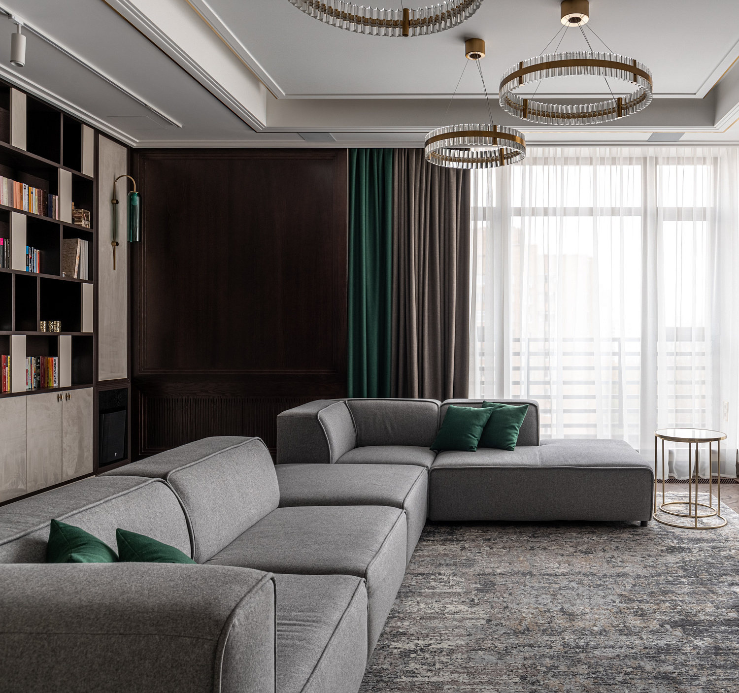 Гостиная с тв-зоной и шкафом для книг